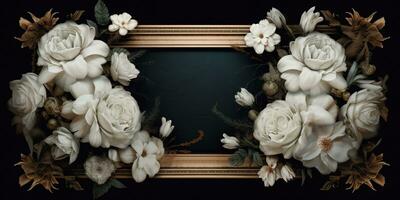Generative AI, vintage frame with white flowers, futuristic victorian, black background photo
