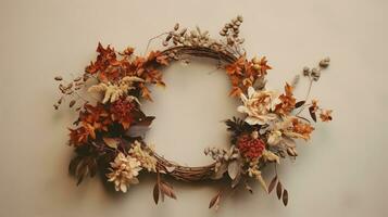 Generative AI, Stylish autumn rustic wreath close up, aesthetic muted colors photo