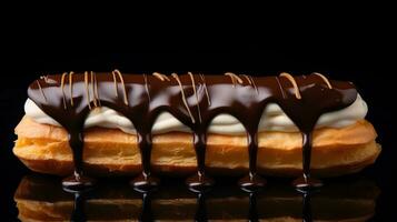Generative AI, Chocolate eclairs side view, sweet food. Traditional french dessert photo