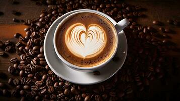 Generative AI, hot cappuccino with latte art on wooden table with coffee beans photo