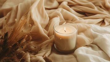 Generative AI, burning candle on beige background. Aesthetic muted composition dry flowers, textile. Home interior, comfort, spa, relax and wellness concept. photo