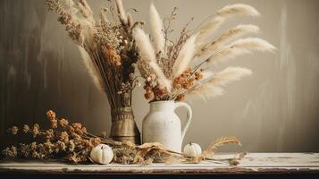 Generative AI, Autumn rustic decoration for home and celebration concept, pumpkins and plants, autumn background photo