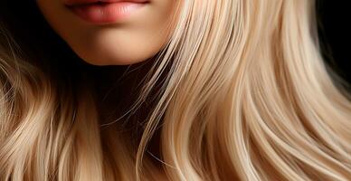 Blonde hair close-up as background. Women's long natural blonde hair. Girl with wavy shiny curls - AI generated image photo