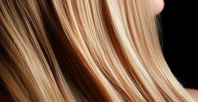 Blonde hair close-up as background. Women's long natural blonde hair. Styling wavy shiny curls - AI generated image photo