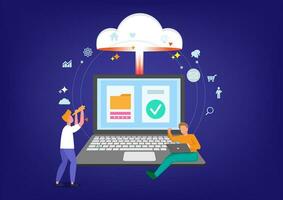 Connect to cloud computing, technology to share secured file and communicate with team while working remotely, upload and download files concept, businessman connect network line with cloud computing. vector