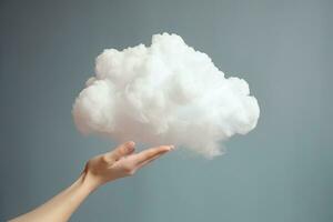 Generative AI, hand holding cloud, sky background. The development of the imagination concept photo
