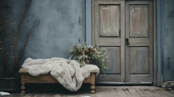 Generative AI, House front in the winter with Christmas decoration, wreath and garland. Snow cosy season photo