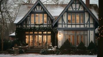 generativo ai, casa frente en el invierno con Navidad decoración, guirnalda y guirnalda. nieve acogedor temporada foto