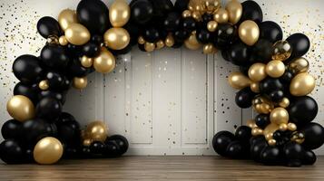 Generative AI, arch of black and golden balloons. Mock up for Black Friday or other holiday 3d background photo