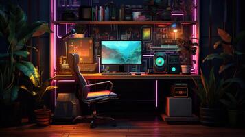 Generative AI, Computer on the table in cyberpunk style, nostalgic 80s, 90s. Neon night lights vibrant colors, photorealistic horizontal illustration of the futuristic interior. Technology concept. photo