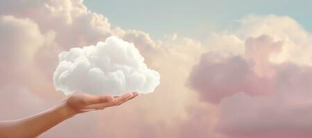 Generative AI, hand holding cloud, sky background. The development of the imagination concept photo