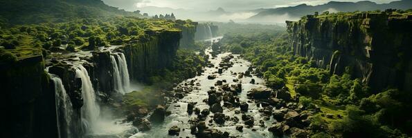 Generative AI, Beautiful green amazon forest landscape, rainforest jungle with waterfalls photo