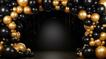 Generative AI, arch of black and golden balloons. Mock up for Black Friday or other holiday 3d background photo