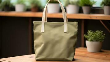 Generative AI, Realistic khaki tote canvas fabric bag set-up in at cafe interior, shopper mock up blank. photo