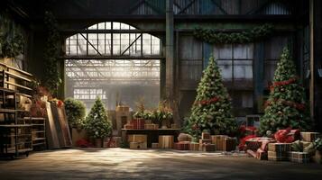 Generative AI, Christmas interior rural background, Santa Claus rustic workshop photo