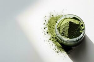 Generative AI, Heap of green matcha tea powder with copy space photo