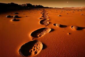 Footprints on alien planet, Mars exploration. Generative AI photo