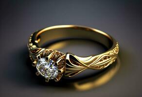Gold ring with diamond on black. Generative AI photo