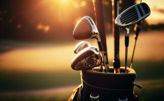 Golf clubs on golf course at sunset. Generative AI photo