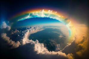 Rainbow above clouds in blue sky. Wide angle. Generative AI photo