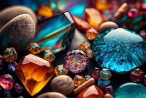 Jewels, mineral gems and crystals close-up background. Generative AI photo