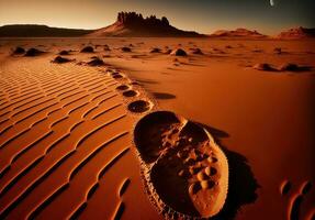 Footprints, steps on alien planet, Mars exploration. Generative AI photo