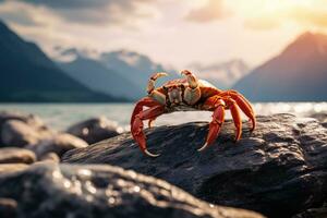 Crab on stone against sea background. Generative AI photo