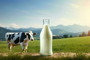 Bottle of milk against green meadow with grazing cows. Generative AI photo