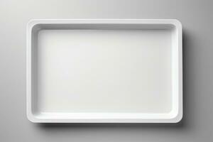 Blank empty plastic or paper tray mockup on grey background, AI Generated photo