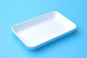 Blank empty plastic or paper tray mockup on blue background, AI Generative photo