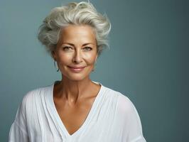 Happy and smiling attractive beauty caucasian senior woman, isolated on plain background studio portrait,AI Generated photo