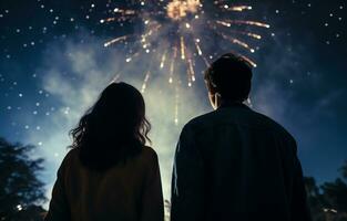 joven Pareja en pie en el parque y acecho el fuegos artificiales juntos, celebracion evento, ai generado foto