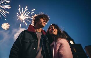 joven Pareja en pie en el parque y acecho el fuegos artificiales juntos, celebracion evento, ai generado foto