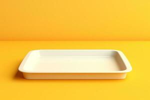 Blank empty plastic or paper tray mockup on yellow background, AI Generated photo