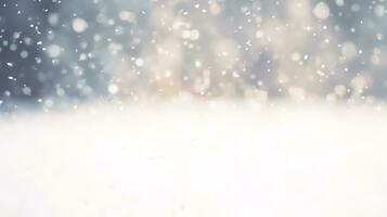 Abstract snow falling on blurred winter landscape background, for design and template, AI Generated photo