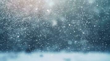 Abstract snow falling on blurred winter landscape background, for design and template, AI Generated photo