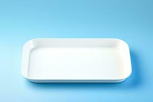 Blank empty plastic or paper tray mockup on blue background, AI Generated photo