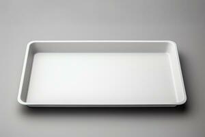 Blank empty plastic or paper tray mockup on grey background, AI Generative photo