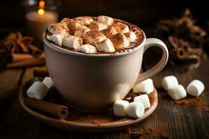 A mug with hot chocolate with melt marshmallo and snowman for topping, seasonal drink, AI Generated photo