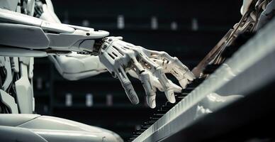 Robotic hands playing piano, science and technology concept, AI Generated photo