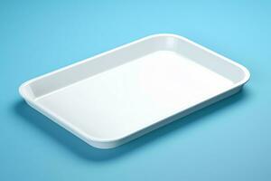 Blank empty plastic or paper tray mockup on blue background, AI Generated photo