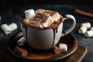 a mug with hot chocolate with melt marshmallo and snowman for topping, seasonal drink, AI Generated photo