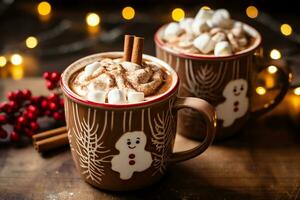 A mug with hot chocolate with melt marshmallo and snowman for topping, seasonal drink, AI Generated photo