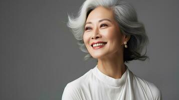 contento y sonriente atractivo belleza asiático mayor mujer, aislado en llanura antecedentes estudio retrato,ai generado foto