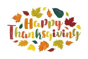 Happy Thanksgiving Text. Vector Horizontal Greeting Card with Lettering and Autumn Fallen Leaves