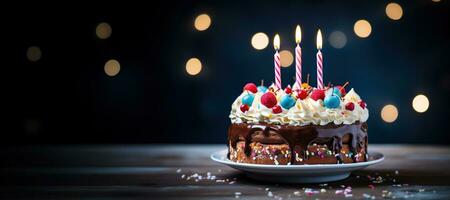 Generative AI, Birthday beautiful cake with fruit and candles, banner for congratulations photo