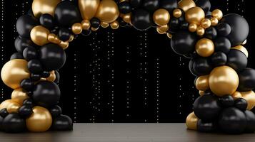 Generative AI, arch of black and golden balloons. Mock up for Black Friday or other holiday 3d background photo