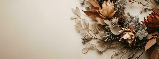 Generative AI, Stylish autumn rustic wreath close up, aesthetic muted colors photo