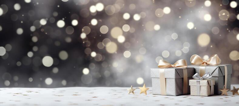 generativo ai, Navidad o nuevo año minimalista antecedentes con regalo cajas, plata y dorado bokeh luces, apagado colores foto