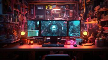 Generative AI, Computer on the table in cyberpunk style, nostalgic 80s, 90s. Neon night lights vibrant colors, photorealistic horizontal illustration of the futuristic interior. Technology concept. photo